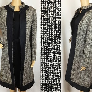 Vintage 1960s Designer Andre Peters Mid Century Mod Black & White Tweed Wool Open Cut Swing Coat Small-Medium