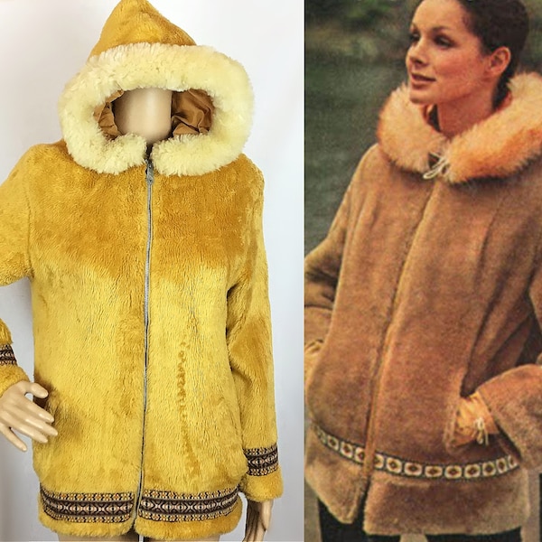 Vintage 1960s Designer Alpine Sportswear Mod Hippie Mustard Yellow Faux Fur Brown Embroidered Faux Fur Trim Hooded Ski Jacket Coat Small