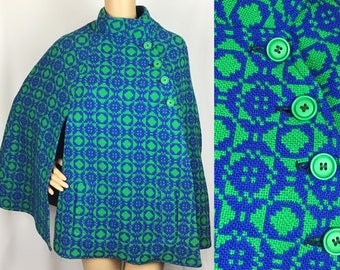 Vintage 60s 70s Celtique label Mod Hippie Blue & Green Geometric Welsh Wool Tapestry Carpet Cape Coat Small