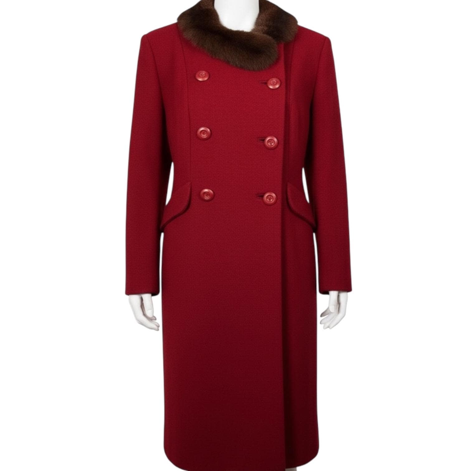 Vintage 1960s Dark Red Wool Fur Collar Double Breasted Coat Medium