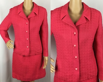 Vintage 1960s Designer Rensor Mid Century Mod Bubblegum Pink Wool Jacket & Matching Mini Pencil Skirt Suit Set Small