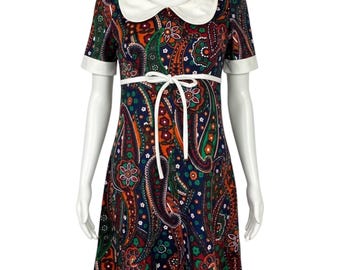 Vintage jaren 70 bloemen paisley mini-jurk met psychedelische print peter pan kraag klein-medium