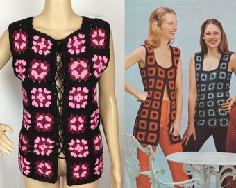 Vintage 1970s Hippie Boho Black Purple & Pink Crochet Granny Square Knit Corset Tie Front Sweater Tank Vest Top Small