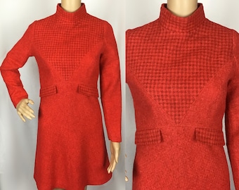 Vintage 1960s Mid Century Mod Terracotta Orange Wool Checkerboard Bib A Line Scooter Mini Shift Dress Small