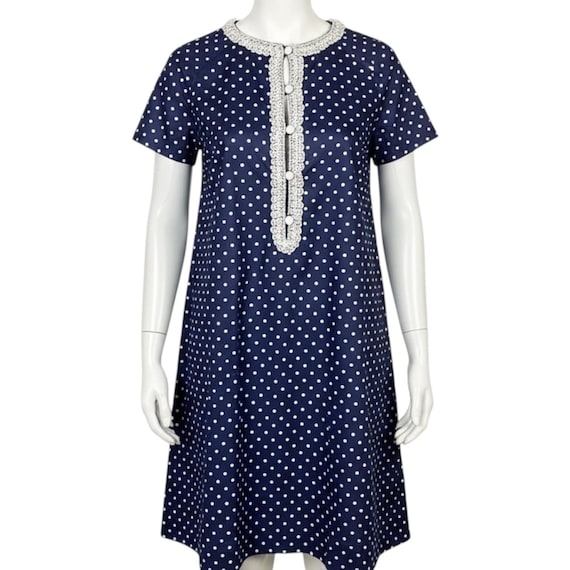 Vintage 1960s Mod Navy Blue Polka Dot Lace Trim Babydoll Smock Dress Small Vintage 1960s Mod Navy Blue Polka Dot Lace Trim Babydoll Smock Dress Small