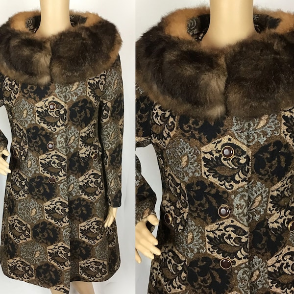 Vintage 1960s American Mid Century Pin Up Brown Tapestry Needlepoint Fur Collar Swing Coat Small-Medium