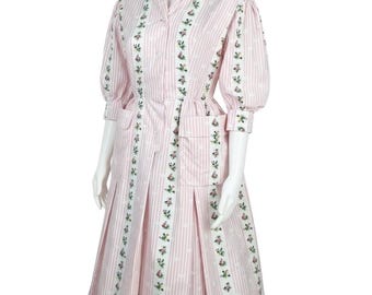 Vintage 1950s Mid Century Striped Floral Print Shirtwaister Fit and Flare Dress Small