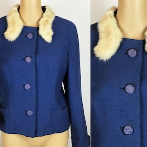 Vintage 1950s Designer Beville Model Mid Century Pin Up Blue Wool White Fur Collar Suit Jacket Medium