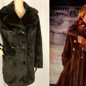 Vintage 1970s Designer English Lady label Mod Dark Brown Faux Teddy Fur Rounded Butterfly Penny Collar Coat Medium