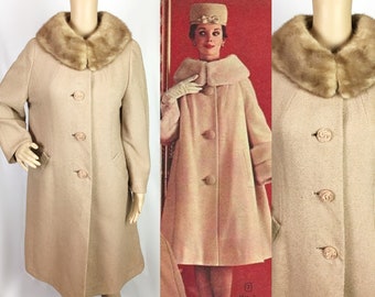 Vintage vroege jaren 1960 American Union-label halverwege de eeuw pin-up crème beige wol nertsbont sjaalkraag trapeze swing jas medium