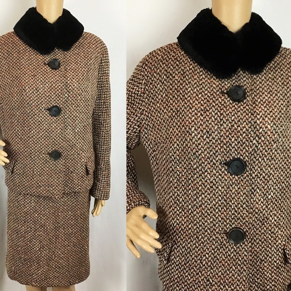 Vintage 1960s Designer Marlbeck Mid Century Mod Brown Tweed Wool Black Faux Fur Collar Boxy Jacket & Pencil Skirt Suit Set Medium-Large