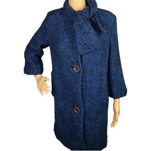 Manteau Vintage Années 60 En Laine Bleu - Style Robe Cocoon Minimaliste - Taille 36 - Occasion Très Bon état