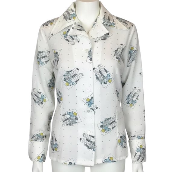 Vintage 1970s Novelty 1930s Seaside Couple Print Dagger Collar Blouse Shirt  Small-Medium