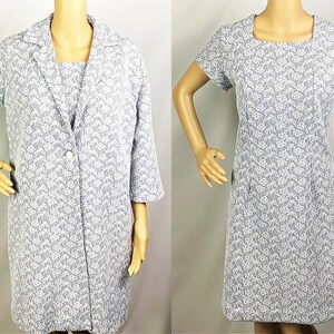 Vintage 1960s Mid Century Mod Blue Floral Crimplene Shift Dress & Matching Swing Coat Suit Set Medium-Large