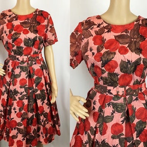 Vintage Late 1950s Early 1960s Mid Century Pin Up Pink Red & Brown Floral Print Fit and Flare Belted Circle Skirt Dress Small-Medium