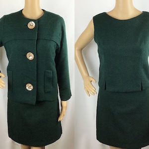 Vintage 1960s Mid Century Mod Dark Green Jacket, Shell Top & Mini Skirt Suit Three Piece Set Small-Medium