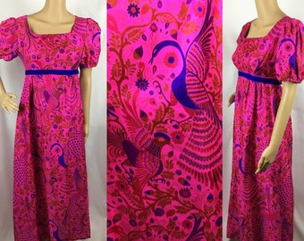 Vintage 1960s Hippie Hot Pink Purple Blue Psychedelic Firebird Floral Swirl Print Velvet Band Empire Waist Regency Cut Long Maxi Dress Small