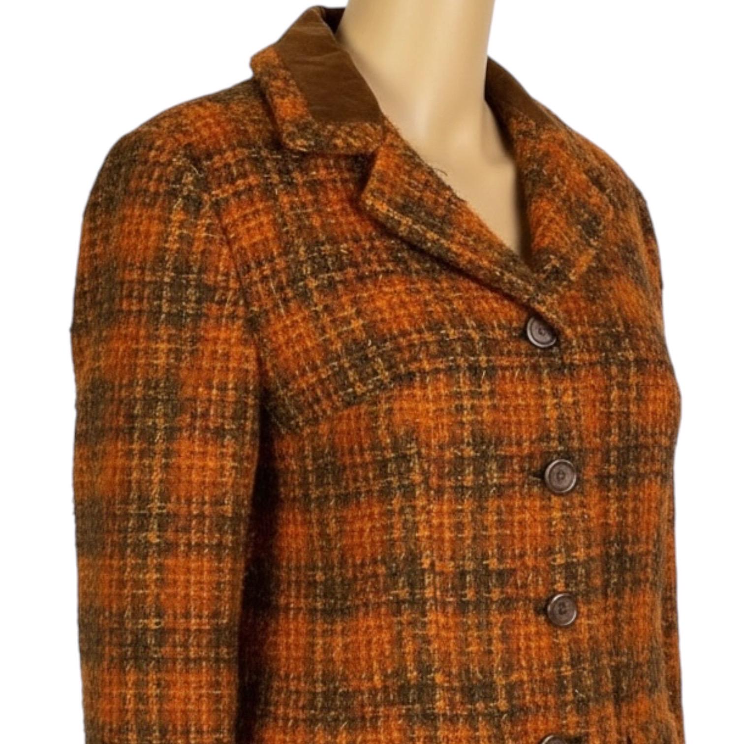 Vintage 1960s Mod Orange & Brown Tweed Wool Velvet Collar Suit