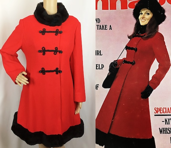 Vintage American 1960s Mod Red Wool Black Faux Fu… - image 1