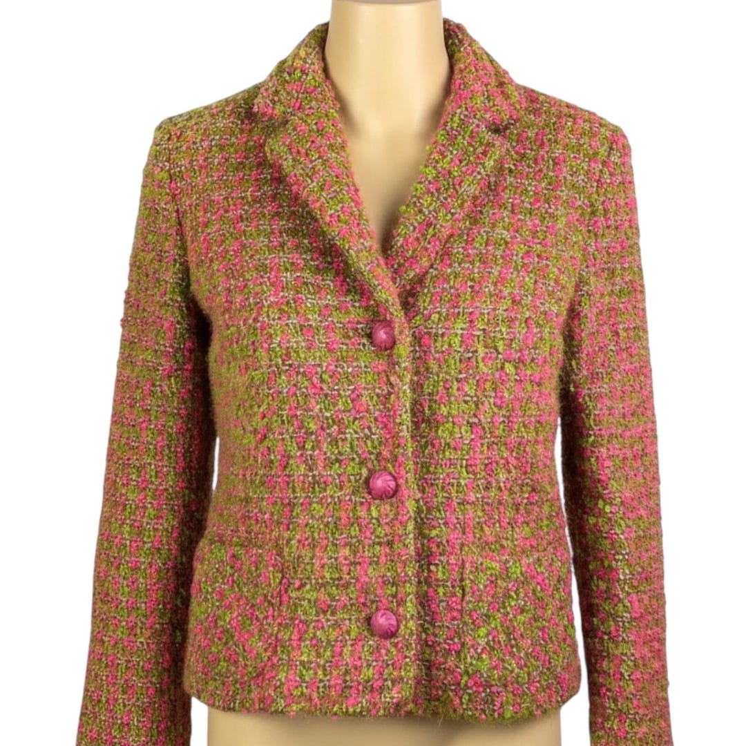 Vintage 1960s Mod Pink and Green Tweed Wool Suit Jacket Small