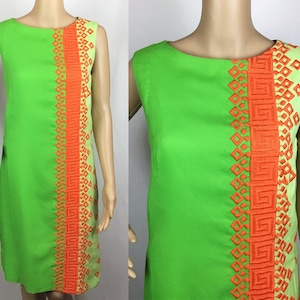 Vintage 1960s Mid Century Mod Green & Orange Embroidered Stripe Shift Dress Small