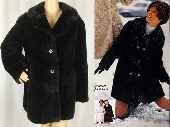 Vintage 1970s Designer Astraka Label Black Faux Teddy Fur Rounded Collar Coat Medium large Etsy