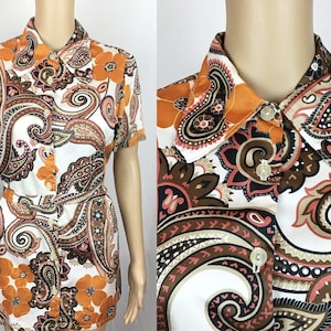 Vintage St Michael 1970s Mod Hippie Orange Brown White Psychedelic Paisley Floral Print Beagle Penny Collar Tunic Mini Dress Medium