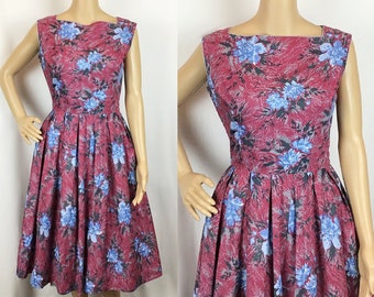 Vintage Early 1960s Mid Century Pin Up Red & Blue Floral Print Fit and Flare Circle Skirt Dress Small