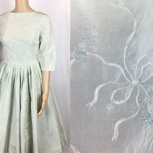 Vintage Late 1950s Early 1960s Mid Century Pin Up Mint Green Floral Bow Embroidered Brocade Design Fit and Flare Circle Dress Small-Medium