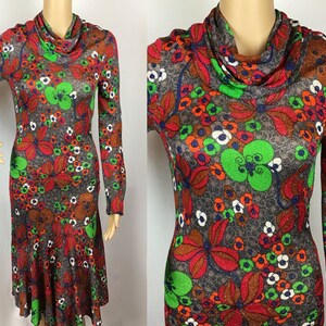 Vintage 1960s Designer California label Mod Hippie Psychedelic Floral Print Sparkly Lurex Roll Cowl Neck Dress Small