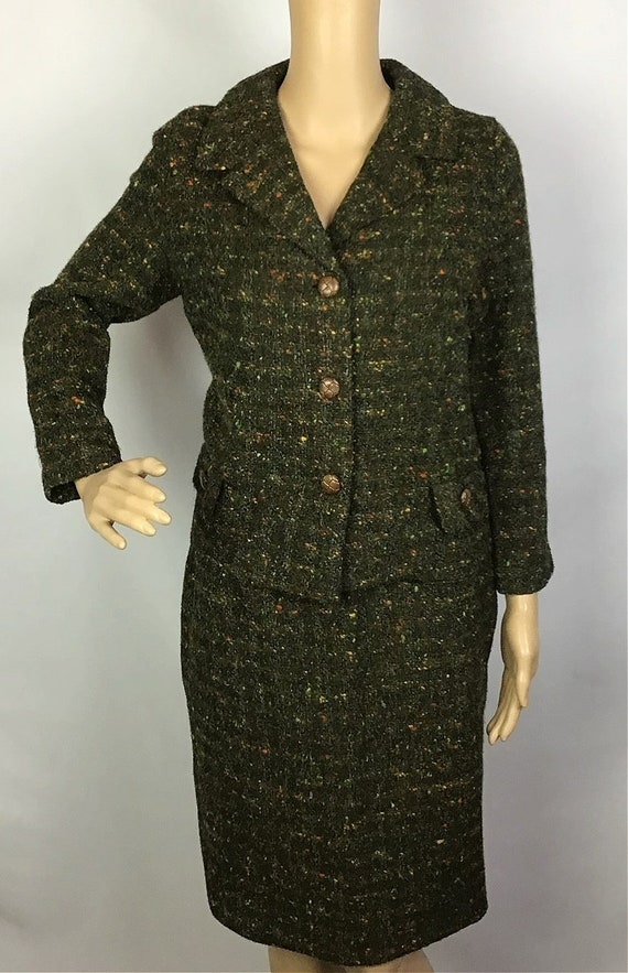 Vintage 1950s Mid Century Pin Up Green Tweed Wool… - image 2