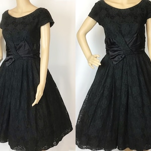 Vintage 1950s Mid Century Pin Up Black Floral Lace Satin Bow Fit and Flare Cocktail Dress Small-Medium