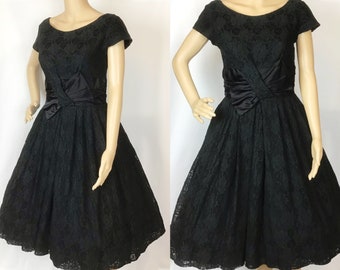 Vintage 1950s Mid Century Pin Up Black Floral Lace Satin Bow Fit and Flare Cocktail Dress Small-Medium