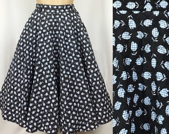 Vintage 1950s Mid Century Pin Up Black Quilted Blue & White Tulip Floral Print Full Circle Skirt Small Waist 26" Inches