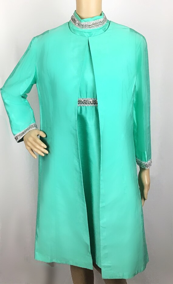 Vintage 1960s Mod Turquoise Mint Green Silver Seq… - image 2