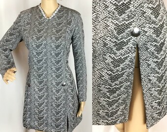 Vintage 1970s Designer Lerose Mod Glam Rock Disco Silver Python Snake Skin Print Crimplene Cut Out Go Go Mini Dress Medium