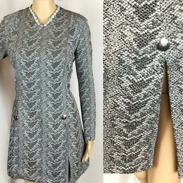 Vintage 1970er Jahre Designer Lerose Mod Glam Rock Disco Silber Python Schlangenhaut Print Crimplene Cut Out Go Go Mini Kleid Medium