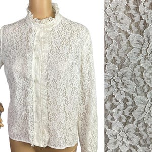 Vintage 1960s Mod Victoriana White Floral Lace Ruffled Collar & Cuff Blouse Top Medium