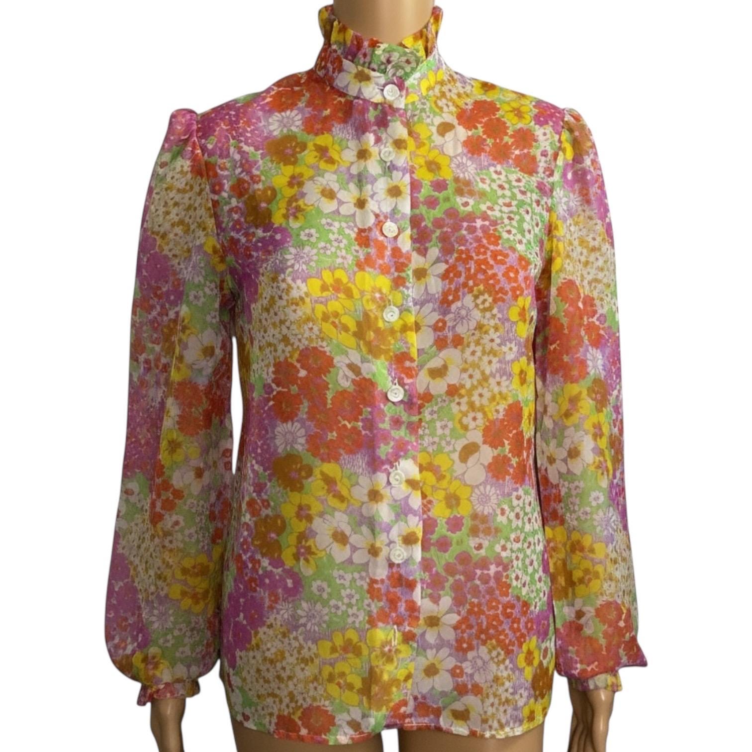 古着 ビンテージ 70s ヒッピー レトロ ポリエステル 花柄  シャツ 美品 ヴィンテージ 1970年代 ヒッピー ビクトリア風 シアー フラワーパワー