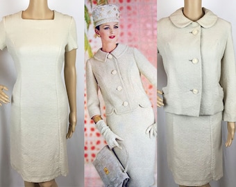 Vintage des années 1960, label designer Symphony, robe droite en laine crème mod ivoire du milieu du siècle et ensemble veste de costume assorti petit-moyen