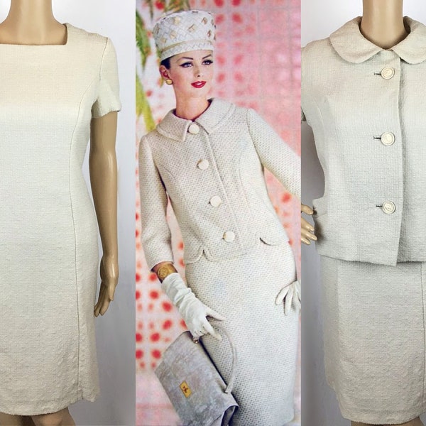 Vintage 1960s Designer Symphony label Mid Century Mod Ivory Cream Wool Shift Dress & Matching Peter Pan Collar Jacket Suit Set Small-Medium