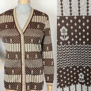 Vintage 1970s Hippie Glam Rock Dark Brown & Silver Metallic Lurex Geometric Daisy Floral Knit Sweater Cardigan Top Small-Medium