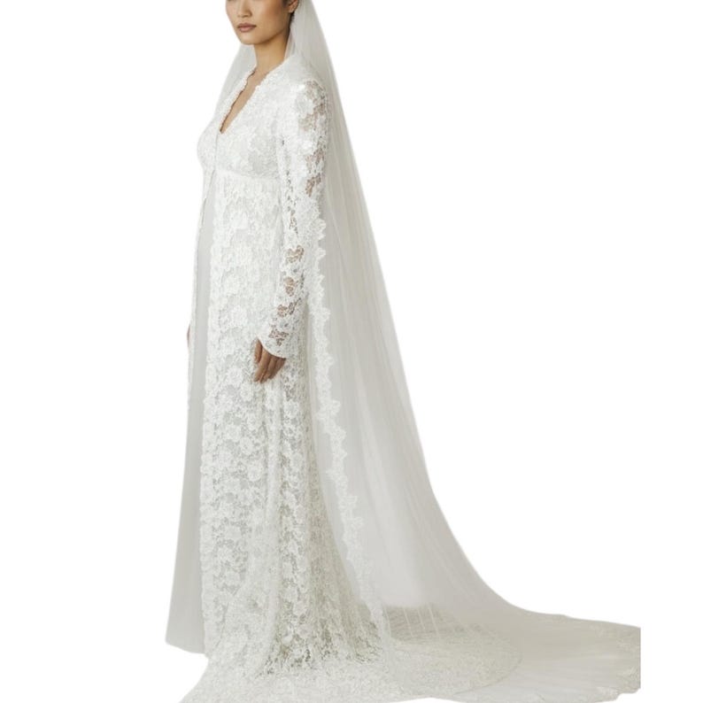 Vintage 1970s White Crochet Floral Soutache Ribbon Lace Overlay Long Wedding Dress Small image 2