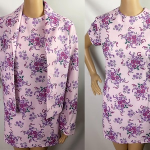 Vintage 1960s Mod Hippie Lilac Purple Floral Print Mini Shift Dress & Jacket Suit Set Medium
