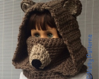 Crochet Patterns * Bear Hooded Cowl * Instant Download Pattern # 477 * baby toddler child teen adult sizes * bulky * easy