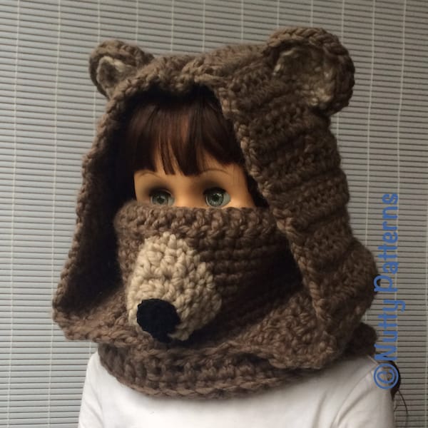 Crochet Patterns * Bear Hooded Cowl * Instant Download Pattern # 477 * baby toddler child teen adult sizes * bulky * easy