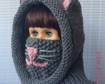 Knitting patterns * Cat Hooded Cowl * Instant download Pattern #476 * baby toddler child teen adult * bulky * fast and easy