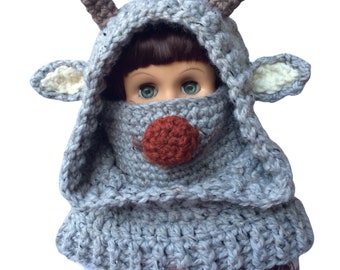 Crochet Pattern * Rudolph Hooded Cowl * red nosed reindeer * Instant Download Pattern # 500 * baby toddler child teen adult  * bulky