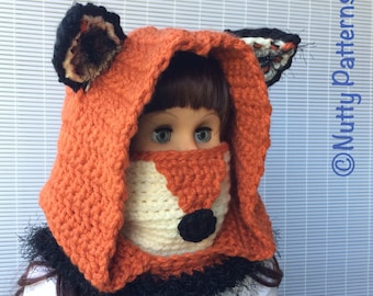 Crochet Patterns * Fox Hooded Cowl * Instant Download Pattern # 484 * baby toddler child teen adult sizes * super bulky yarn * easy