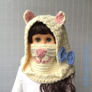 Crochet Patterns * Angora Cat Hooded Cowl * baby toddler child teen adult sizes * Instant Download Pattern # 482 * bulky * easy